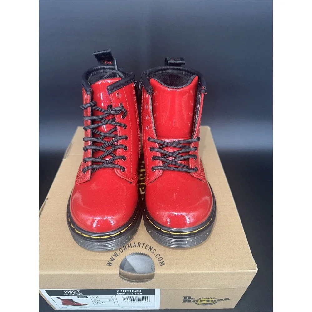 Dr. Martens 1460 T Toddler Boots Bright Red‎ Cosmic Glitter Side Zip Size 8 US